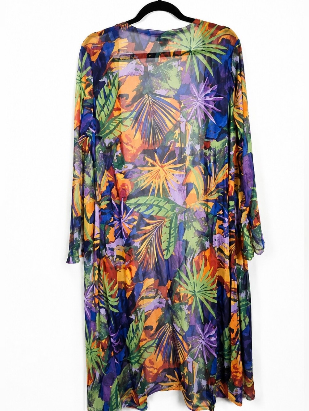 3X Tropical Palm Print Sheer Kimono Duster Cover Up Plus Size Boho Resort